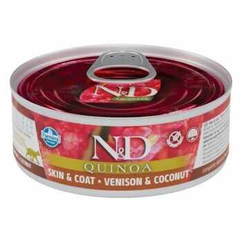 N&D Quinoa Skin&Coat, Vânat și Cocos, conservă hrană umedă fără cereale pisici, piele & blană, (în sos), 80g