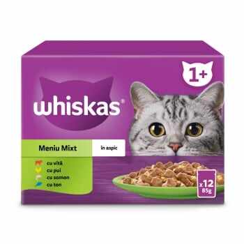 WHISKAS Selectii Mixte, Vită, Pui, Somon și Ton, plic hrană umedă pisici, (în aspic), multipack, 85g x 12