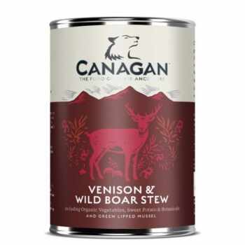 CANAGAN Venison&Wild Boar Stew, XS-XL, Vânat și Mistreț, conservă hrană umedă fără cereale câini junior & adult, (în supă), 400g