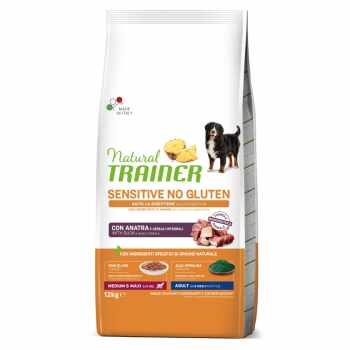 NATURAL TRAINER Sensitive No Gluten, M-XL, Rață, hrană uscată monoproteică câini, sistem digestiv, 12kg