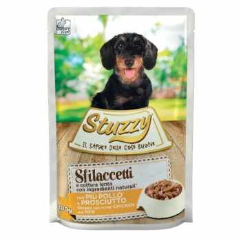 STUZZY Shreds, XS-XL, Pui și Șuncă, plic hrană umedă câini, (în suc propriu), 100g