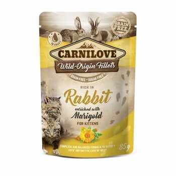CARNILOVE Kitten, File Iepure cu Gălbenele, plic hrană umedă fără cereale pisici junior, (în sos), 85g, Pachet 24 Bucati