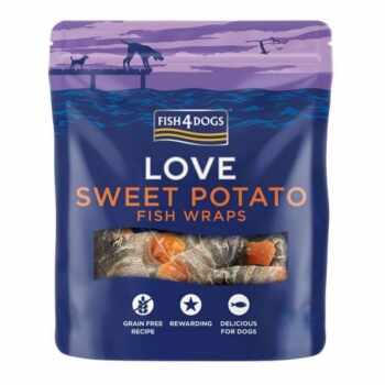 FISH4DOGS Love Snack Dog Wraps, XS-XL, Cartof Dulce și Piele de Pește, punguță recompense fără cereale câini, deshidratat, 100g