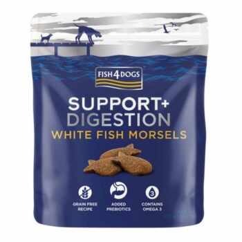 FISH4DOGS Support+ Digestion, XS-XL, Pește alb, punguță recompense funcționale fără cereale câini, sistem digestiv, 225g