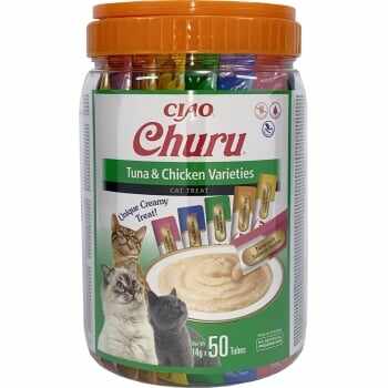 INABA CIAO Churu Piure, Ton și Pui, 5 arome, pachet mixt, recompense lichide fără cereale pisici, topping cremos, 14g x 50