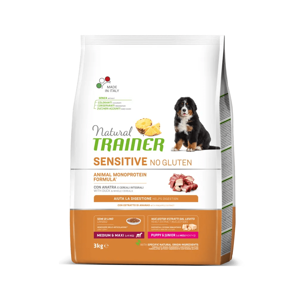 Natural Trainer, Sensitive No Gluten Medium Maxi Puppy & Junior, Rata si Cereale Integrale, 3 kg