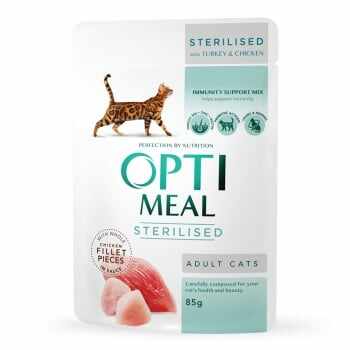 OPTIMEAL Sterilised, Pui și Curcan, pachet economic plic hrană umedă pisici sterilizate, (în sos), 85g x 24 Bucati