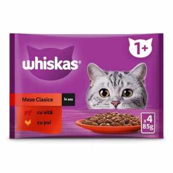 WHISKAS Selectii Clasice, Vită și Pui, plic hrană umedă pisici, (în aspic), multipack, 85g x 4, Bax 13 bucati