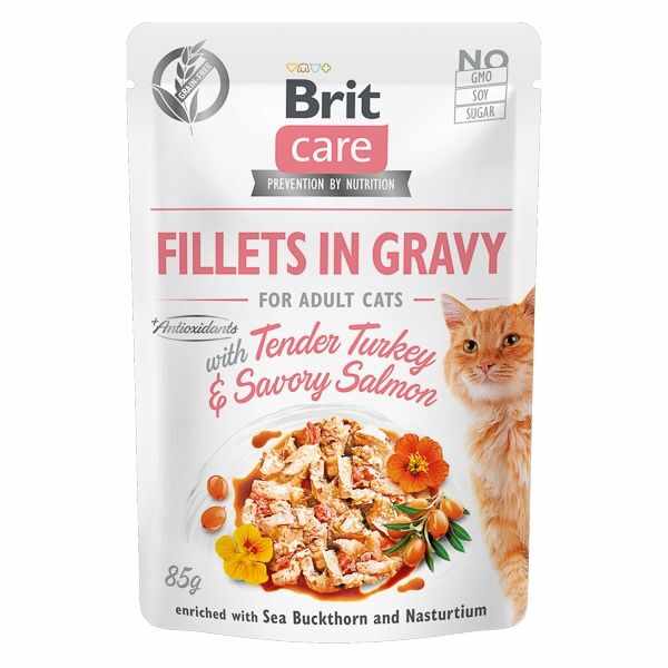 Brit Care Cat Fillets in Gravy With Tender Turkey and Savory Salmon, 85 g