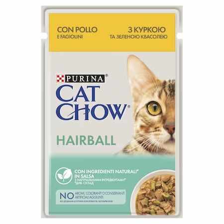 PURINA CAT CHOW Hairball Control, bucati cu pui si fasole verde in sos, 85 g