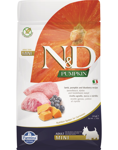 FARMINA N&D Pumpkin Adult Mini - Hrană uscată pentru câini cu miel și afine 800 g
